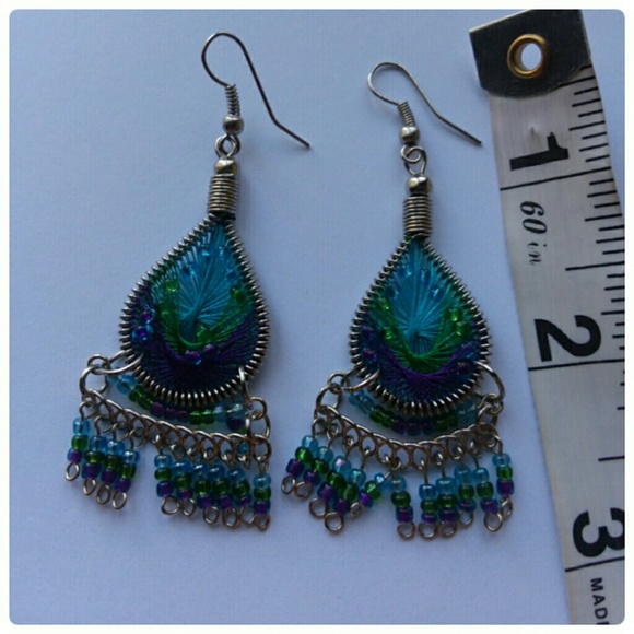 TURQUOISE & VIOLET PERUVIAN SILK DANGLE EARRING! - Picture 4 of 4